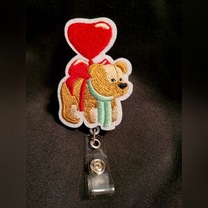 Teddy bear floating heart balloon retractable badge holder New